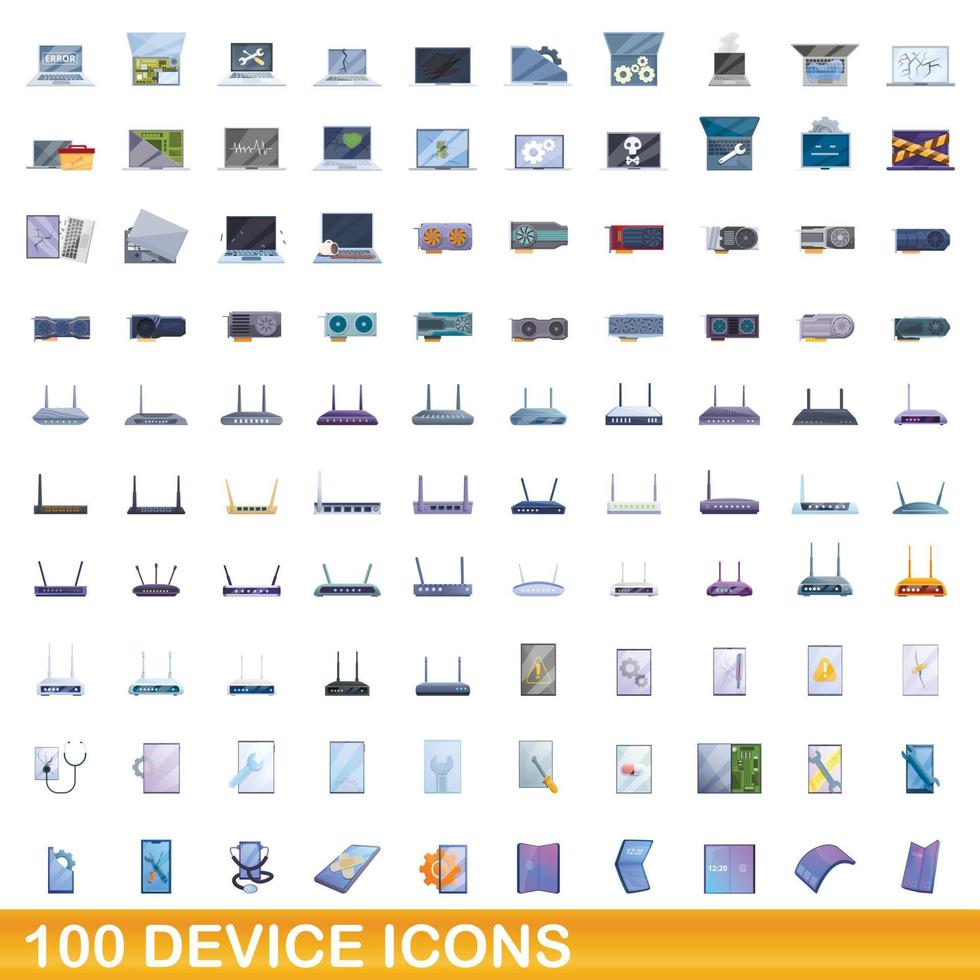 100 device icons set, cartoon style vector