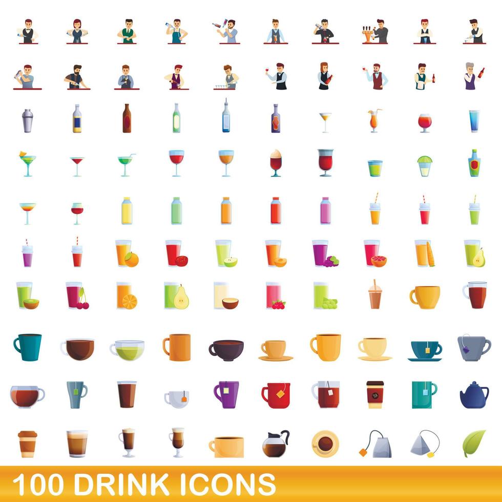 100 drink icons set, cartoon style vector