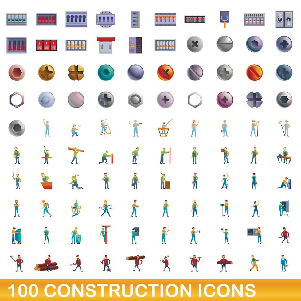 100 iconos de construcción, estilo de dibujos animados vector