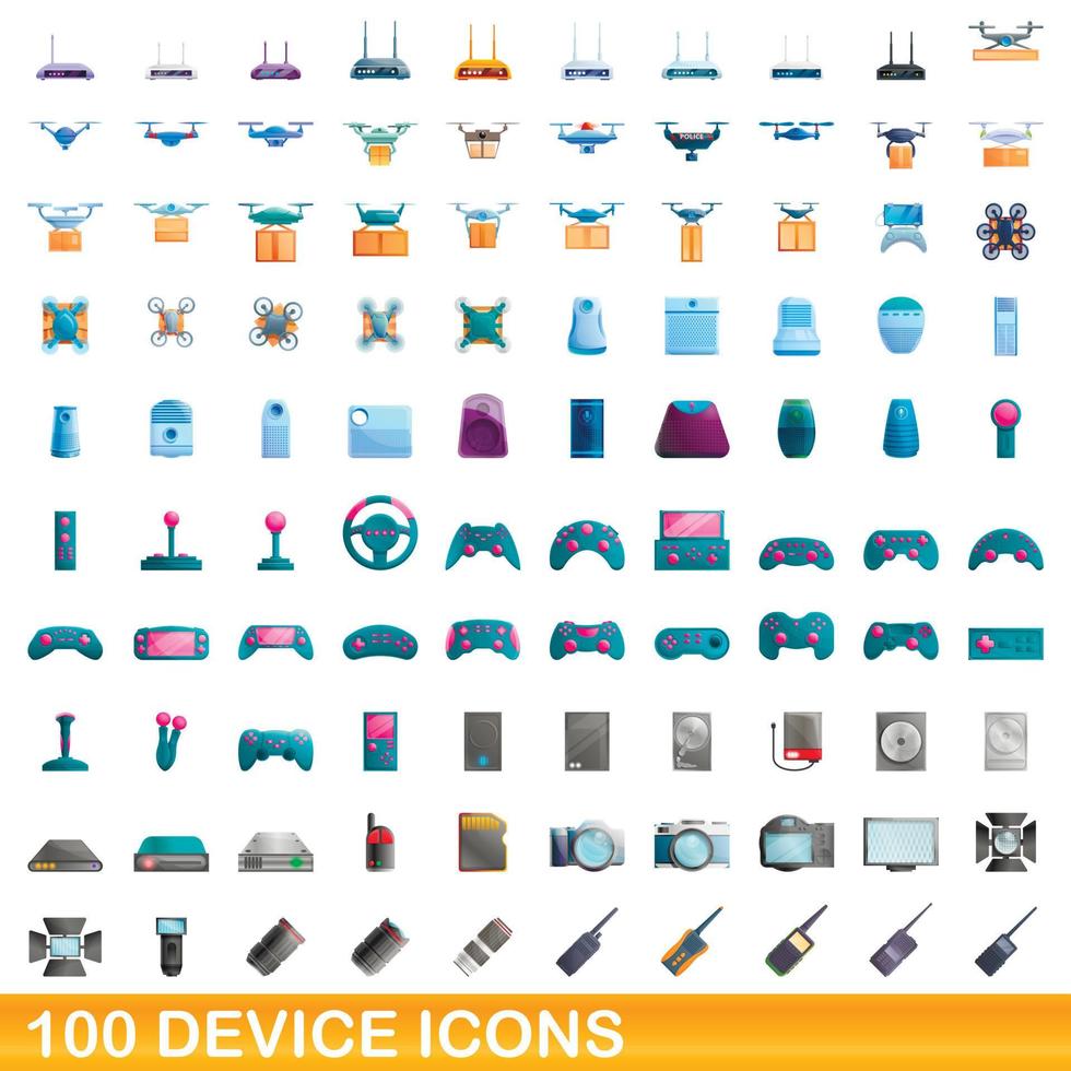 100 device icons set, cartoon style vector