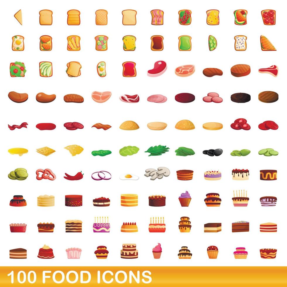 100 iconos de alimentos, estilo de dibujos animados vector