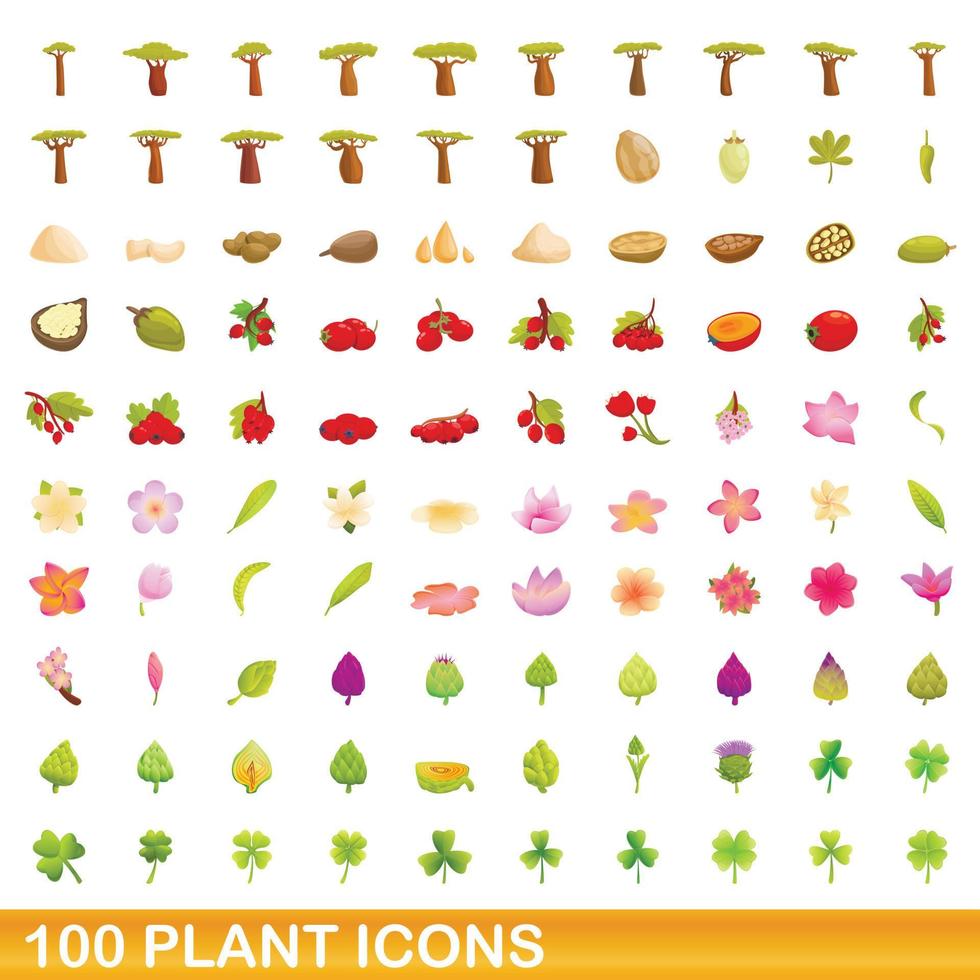 100 iconos de plantas, estilo de dibujos animados vector