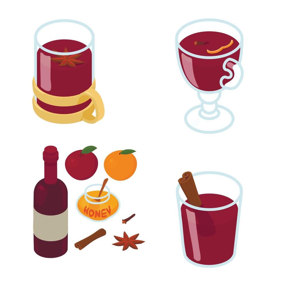 conjunto de iconos de vino caliente, estilo isométrico vector