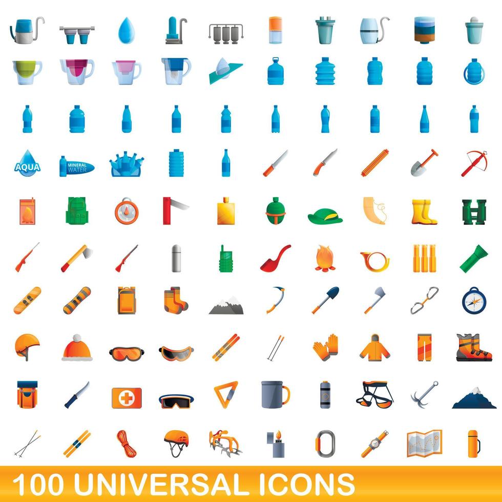 100 iconos universales, estilo de dibujos animados vector