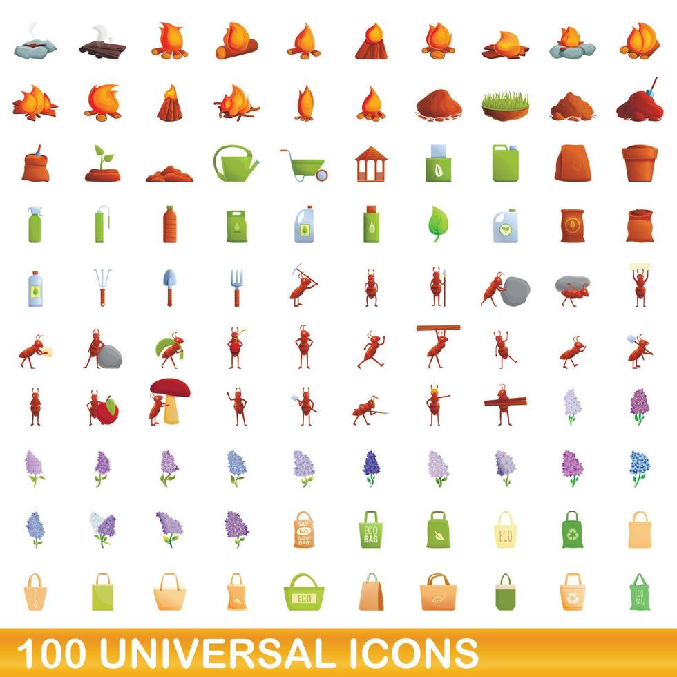 100 universal icons set, cartoon style vector
