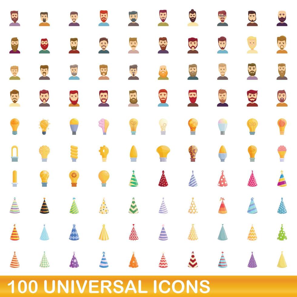 100 universal icons set, cartoon style vector