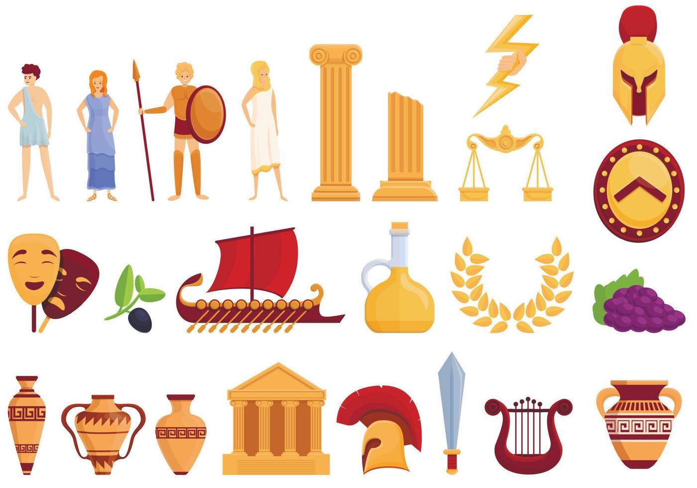 Conjunto de iconos de la antigua Grecia, estilo de dibujos animados vector