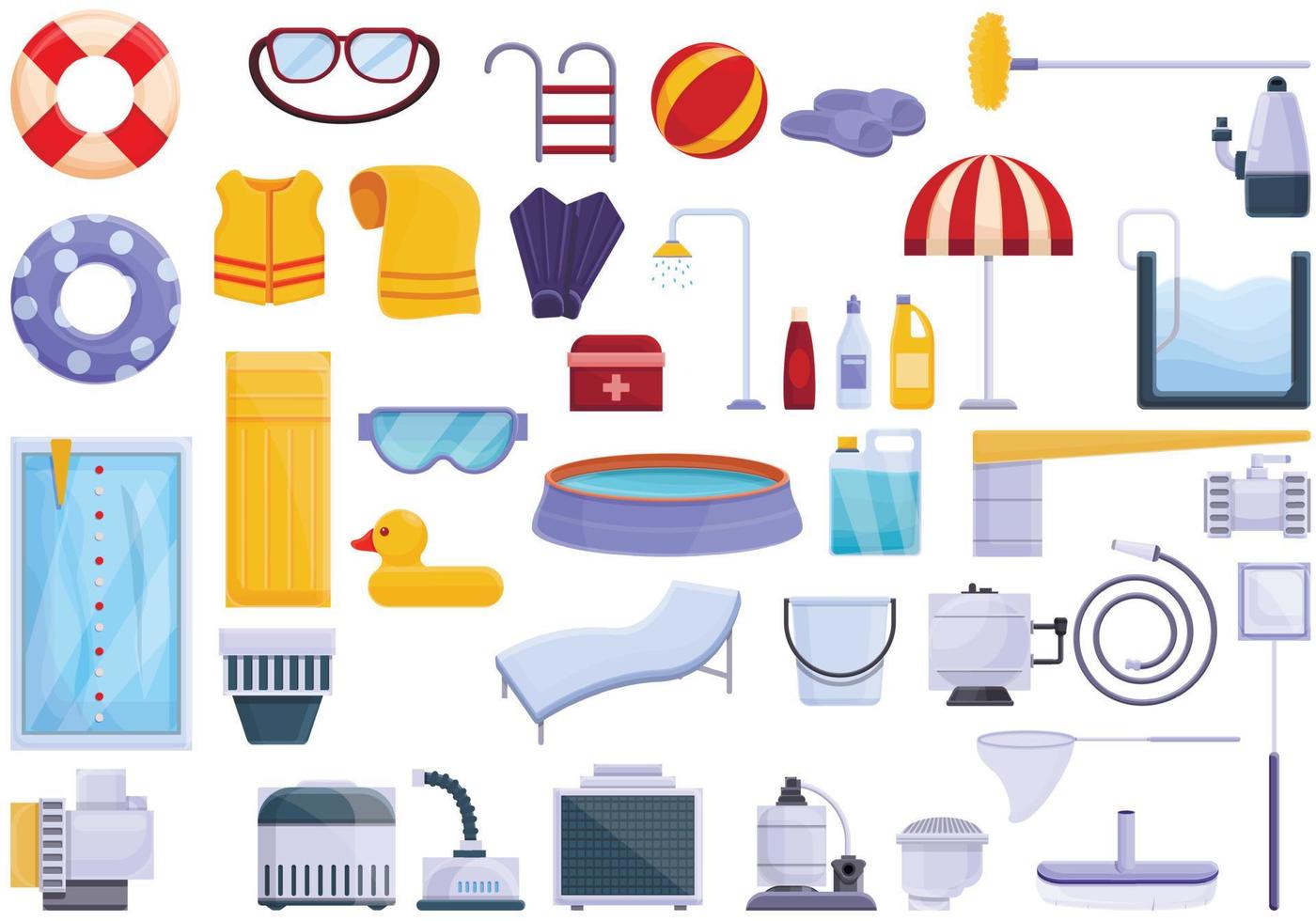 Equipment for pool icons set, cartoon style vector