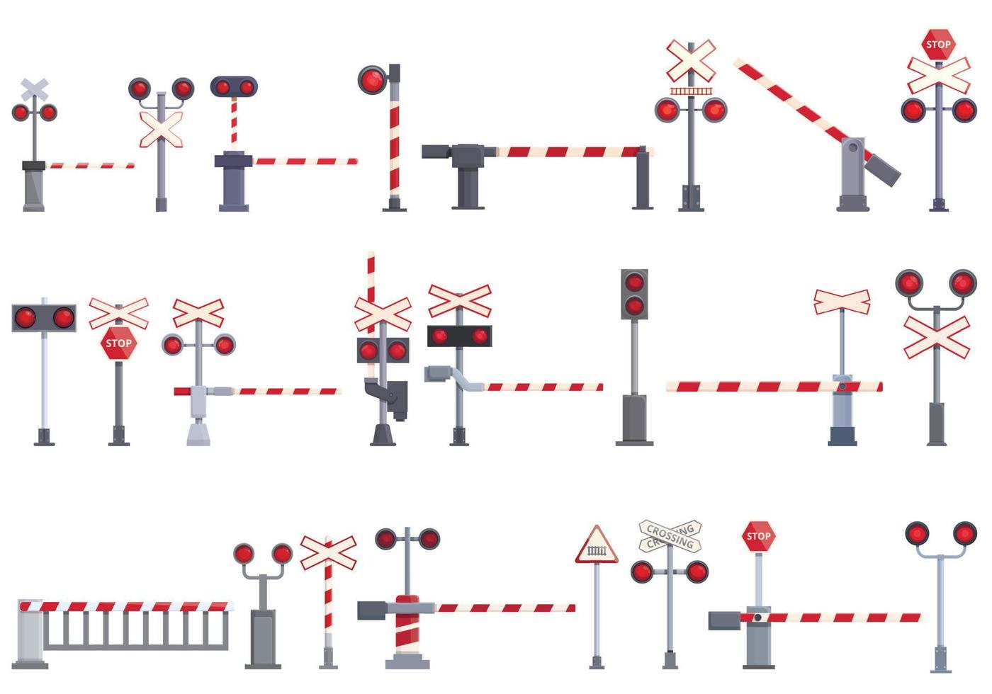 Railway crossing icons set cartoon vector. Railroad signal vector