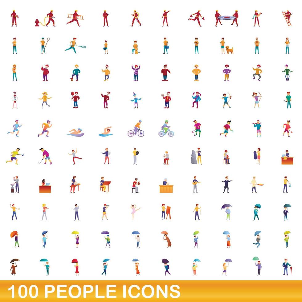 100 people icons set, cartoon style vector
