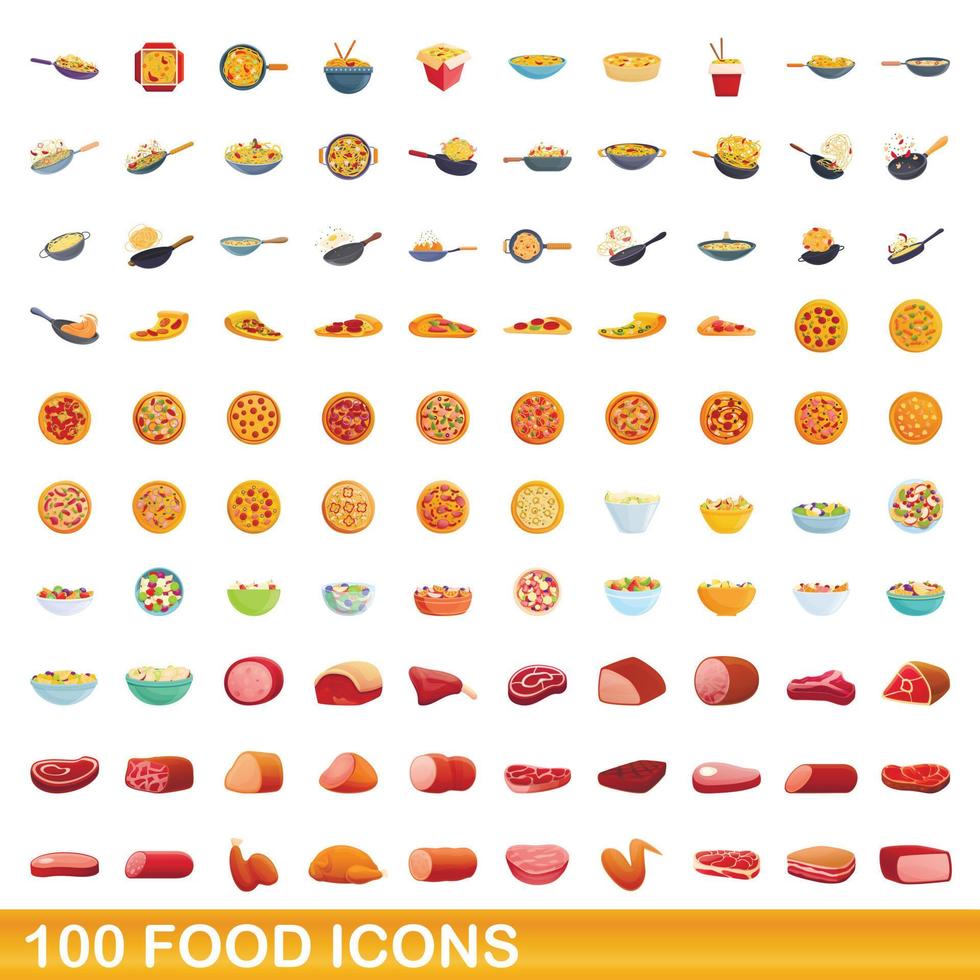 100 food icons set, cartoon style vector