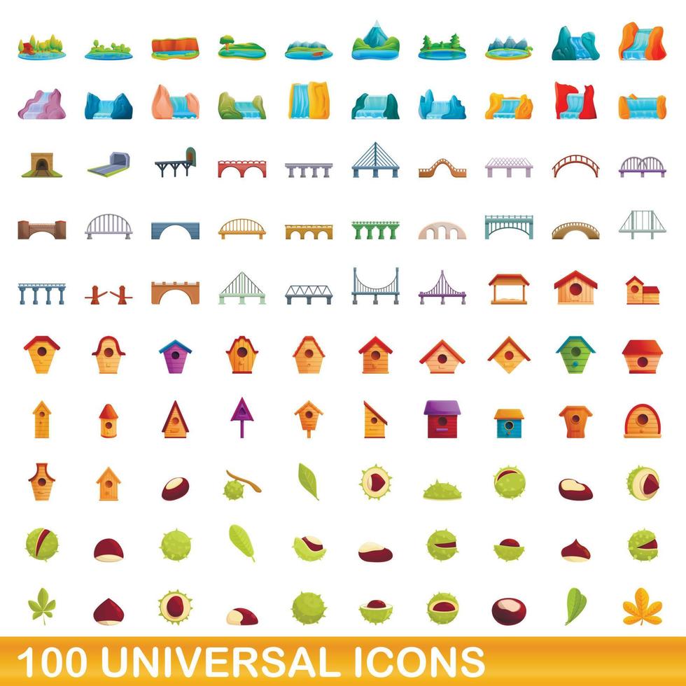 100 iconos universales, estilo de dibujos animados vector