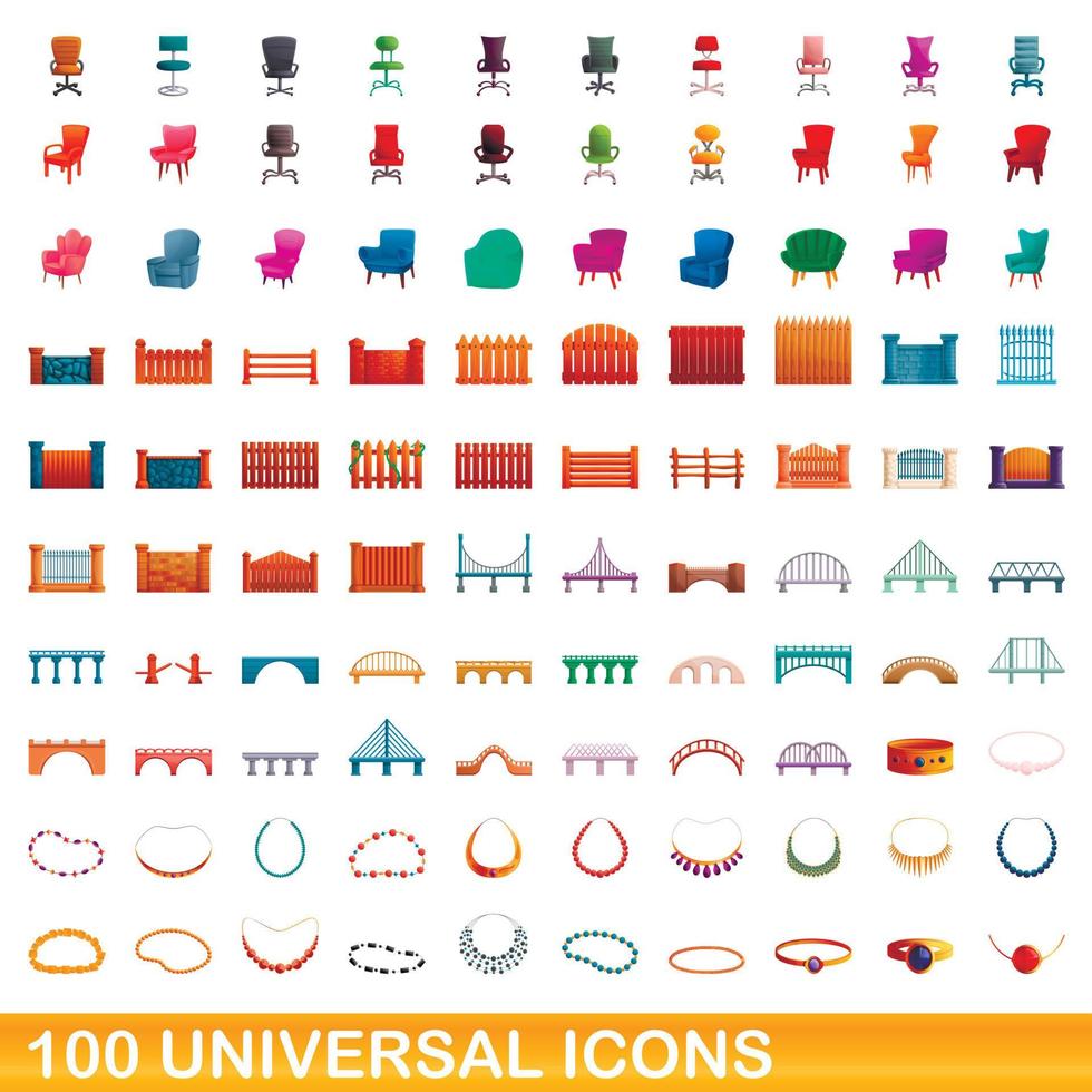 100 iconos universales, estilo de dibujos animados vector