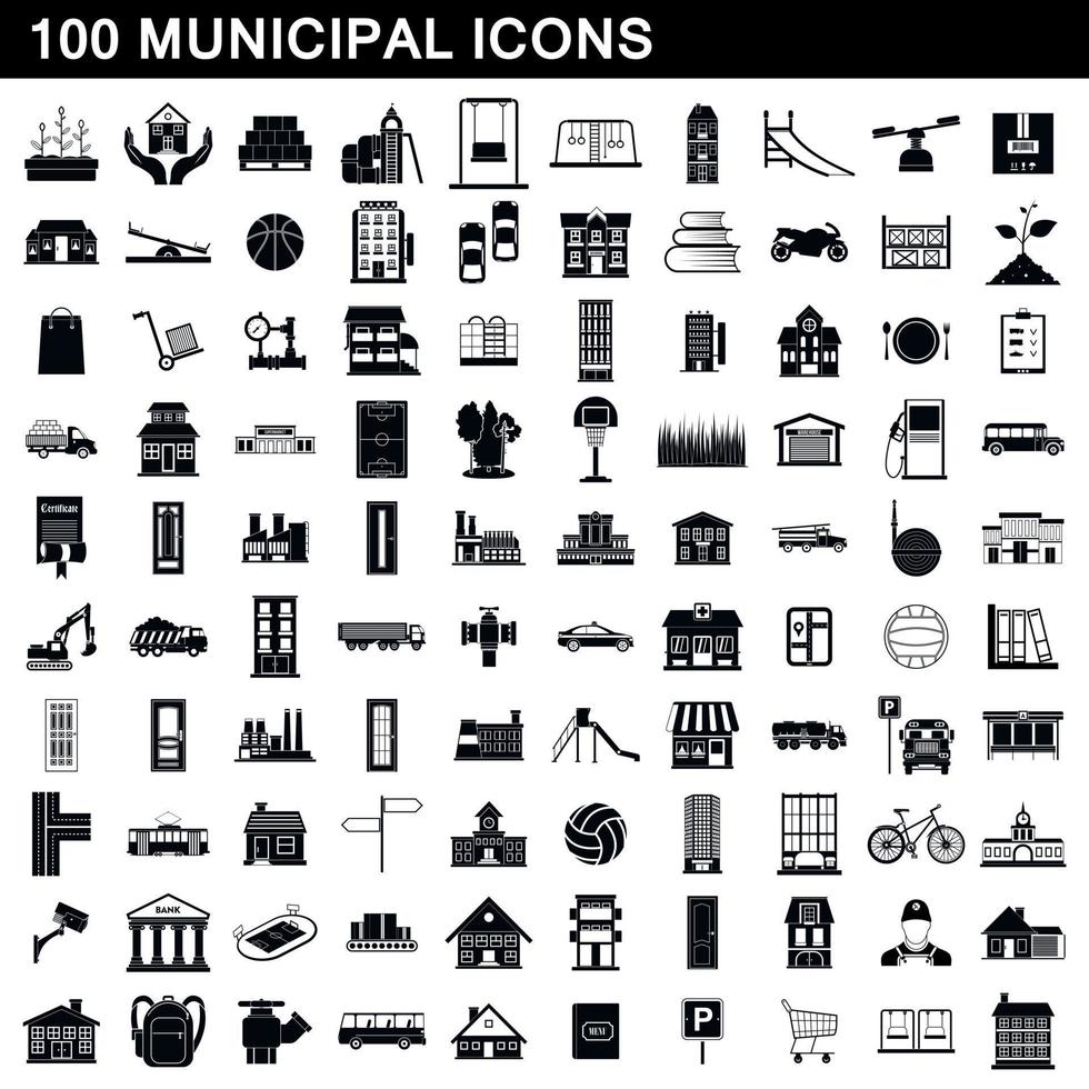 100 municipal icons set, simple style vector