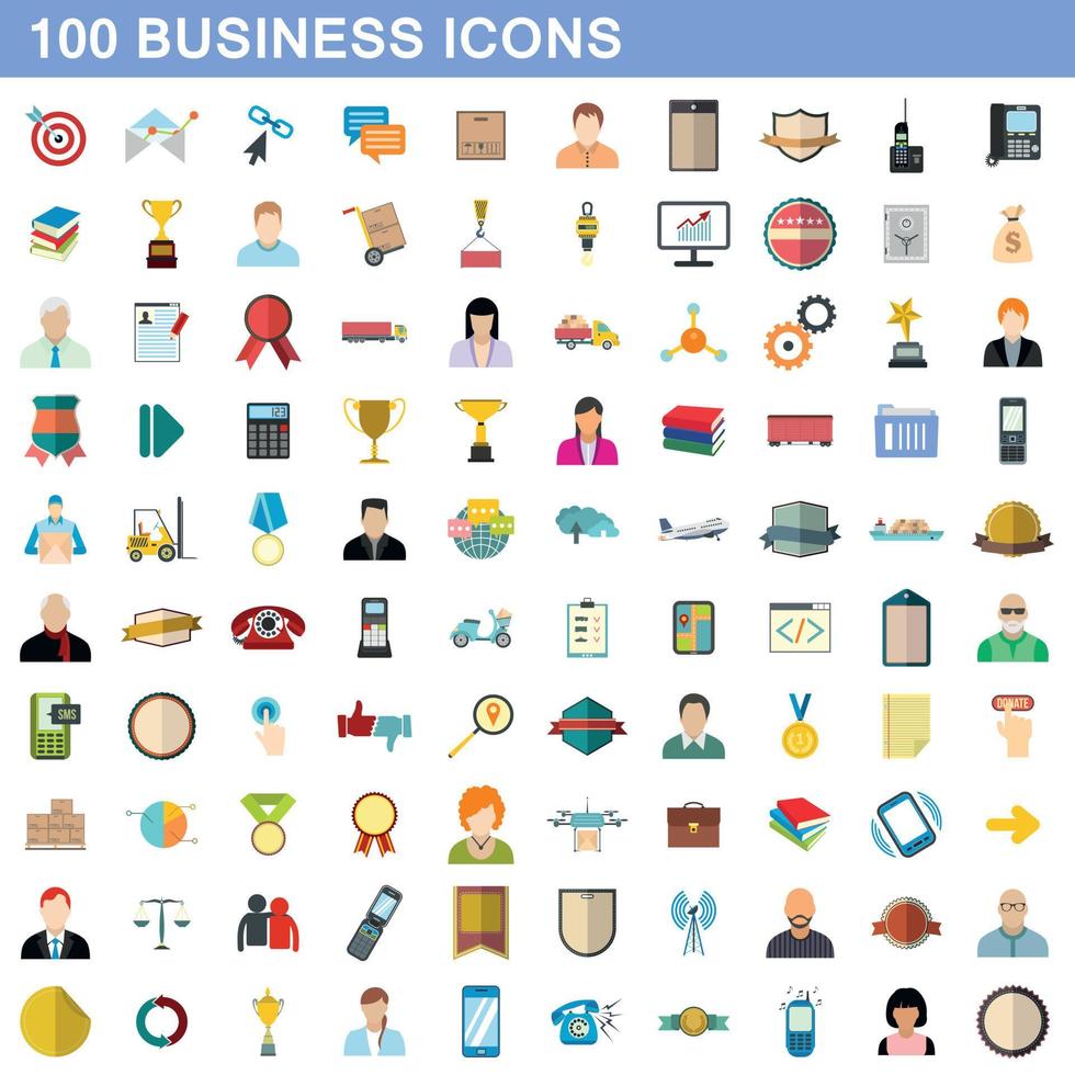 100 business icons set, flat style vector