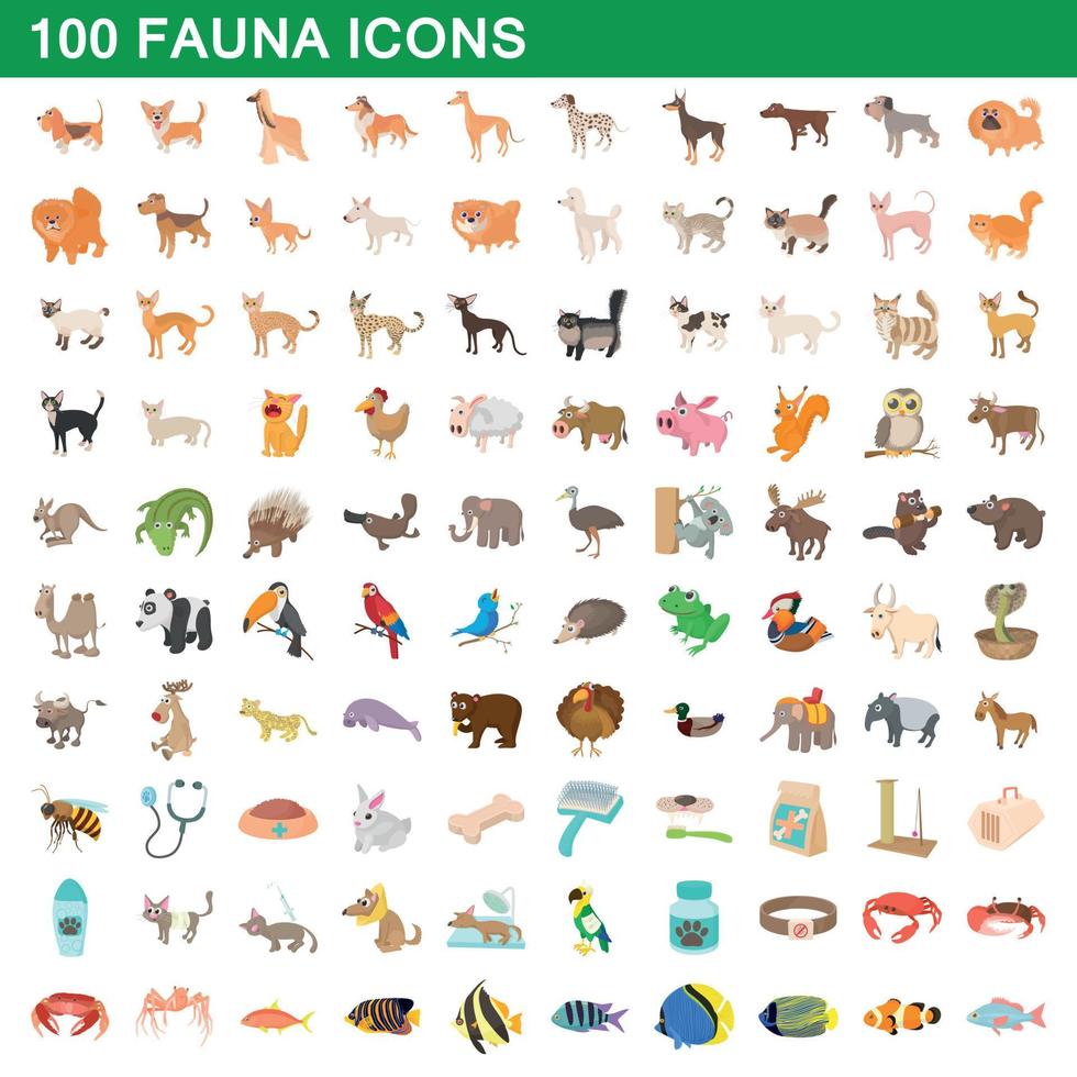 100 iconos de fauna, estilo de dibujos animados vector