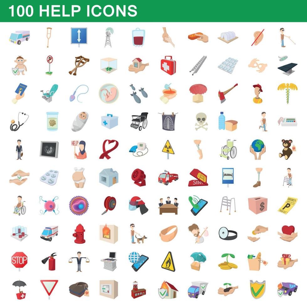 100 iconos de ayuda, estilo de dibujos animados vector