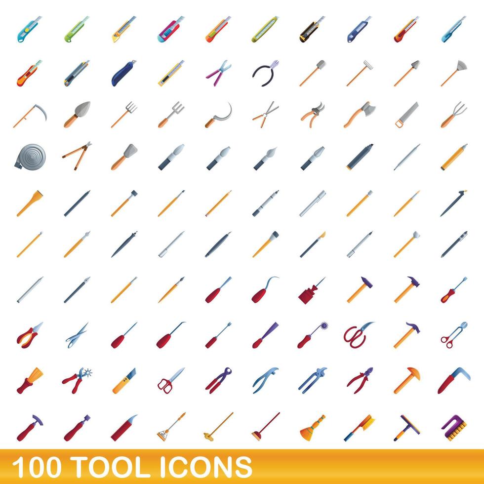 100 iconos de herramientas, estilo de dibujos animados vector