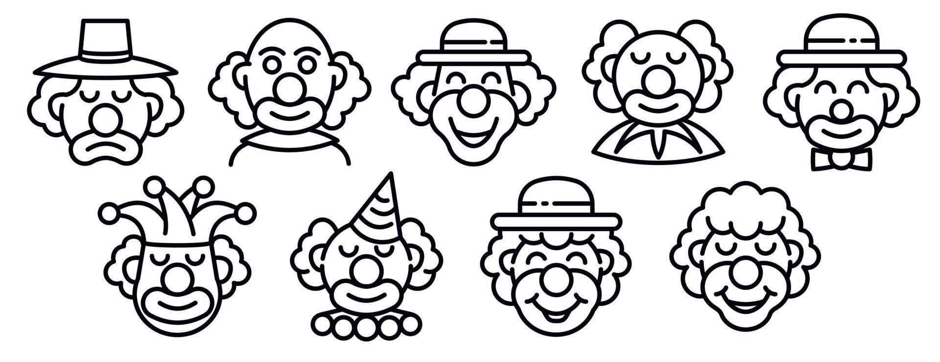 Clown icons set, outline style vector