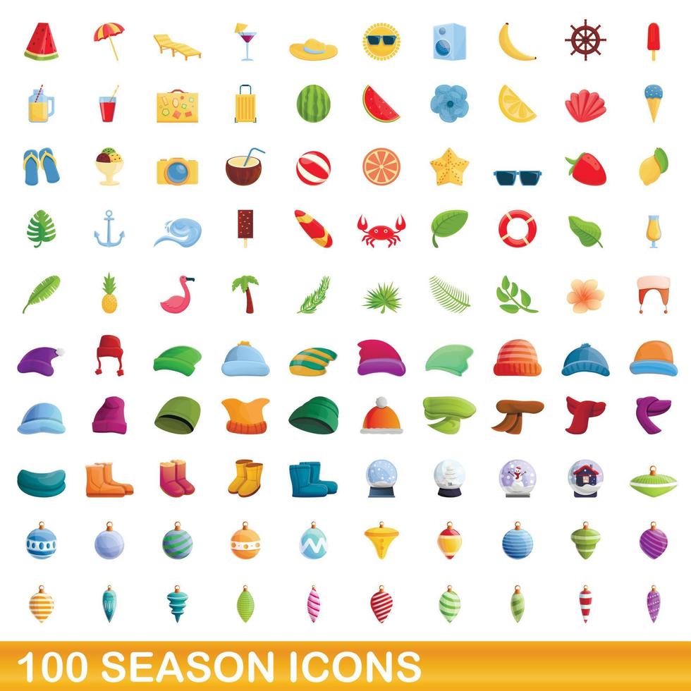 100 iconos de temporada, estilo de dibujos animados vector