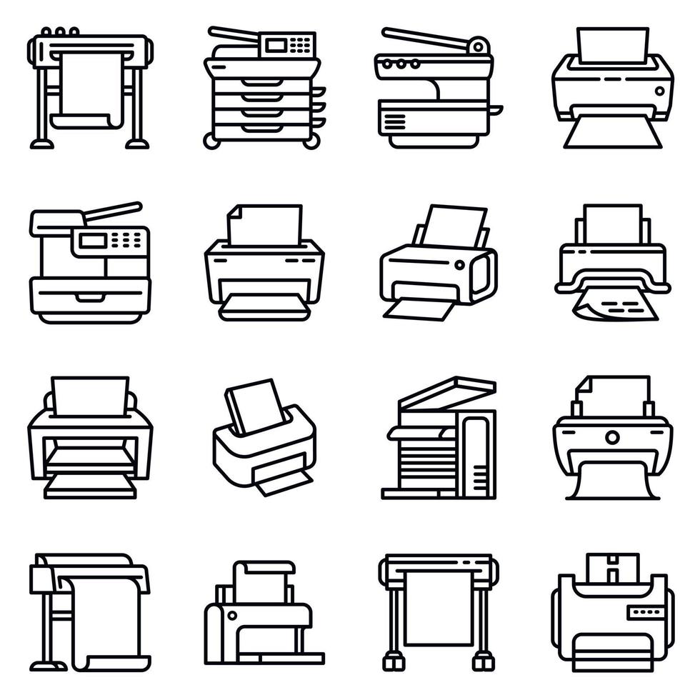 Printer icons set, outline style vector