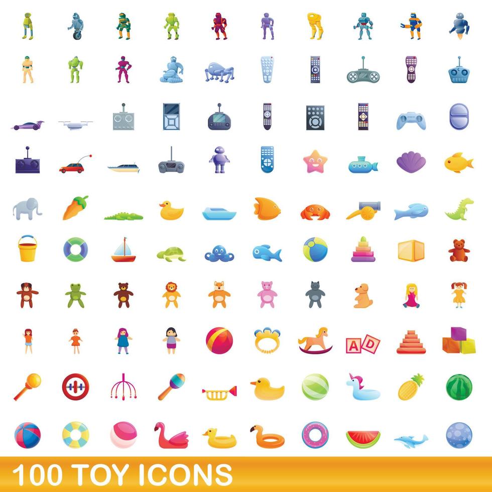 100 juguetes, conjunto de iconos de estilo de dibujos animados vector