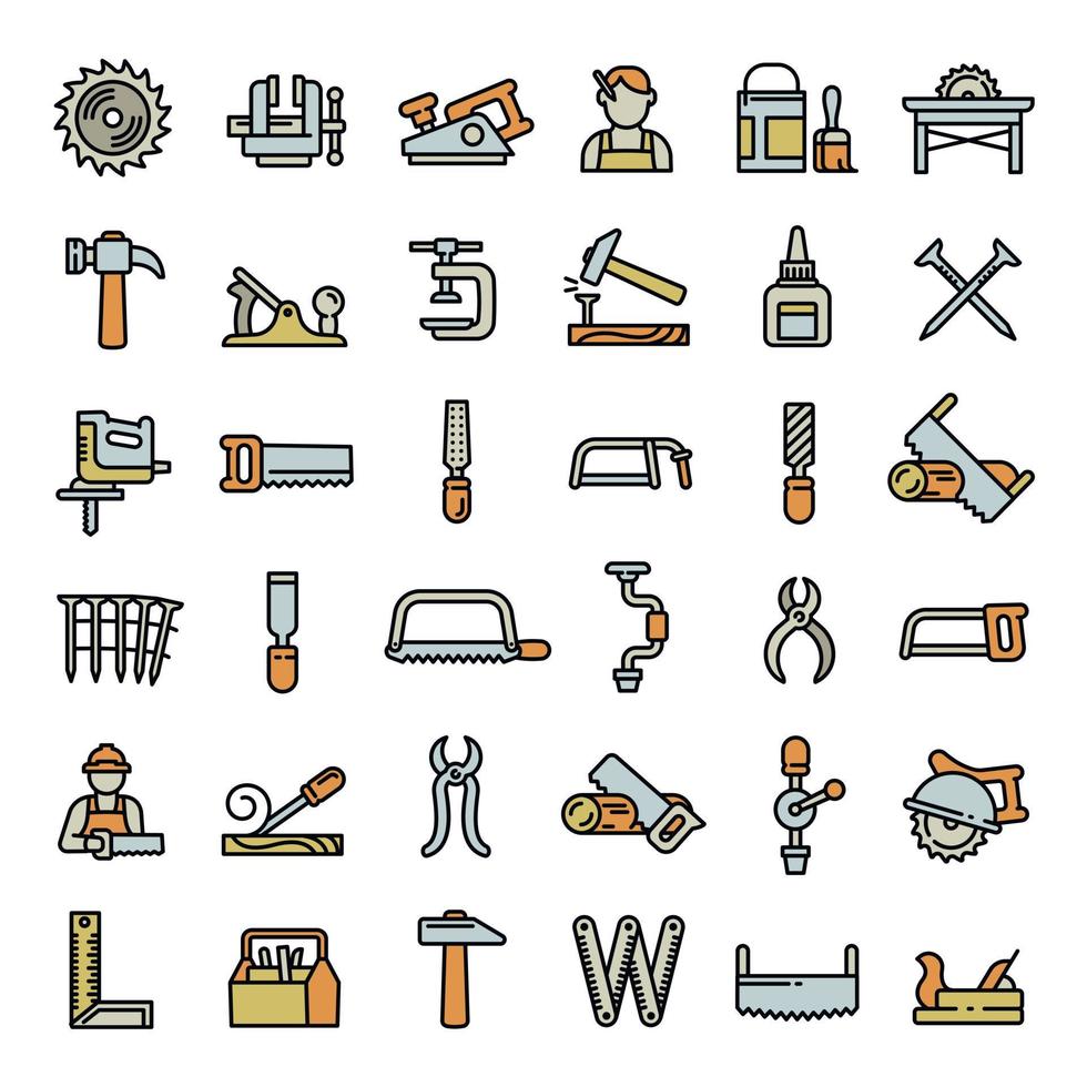Carpenter icons set, outline style vector