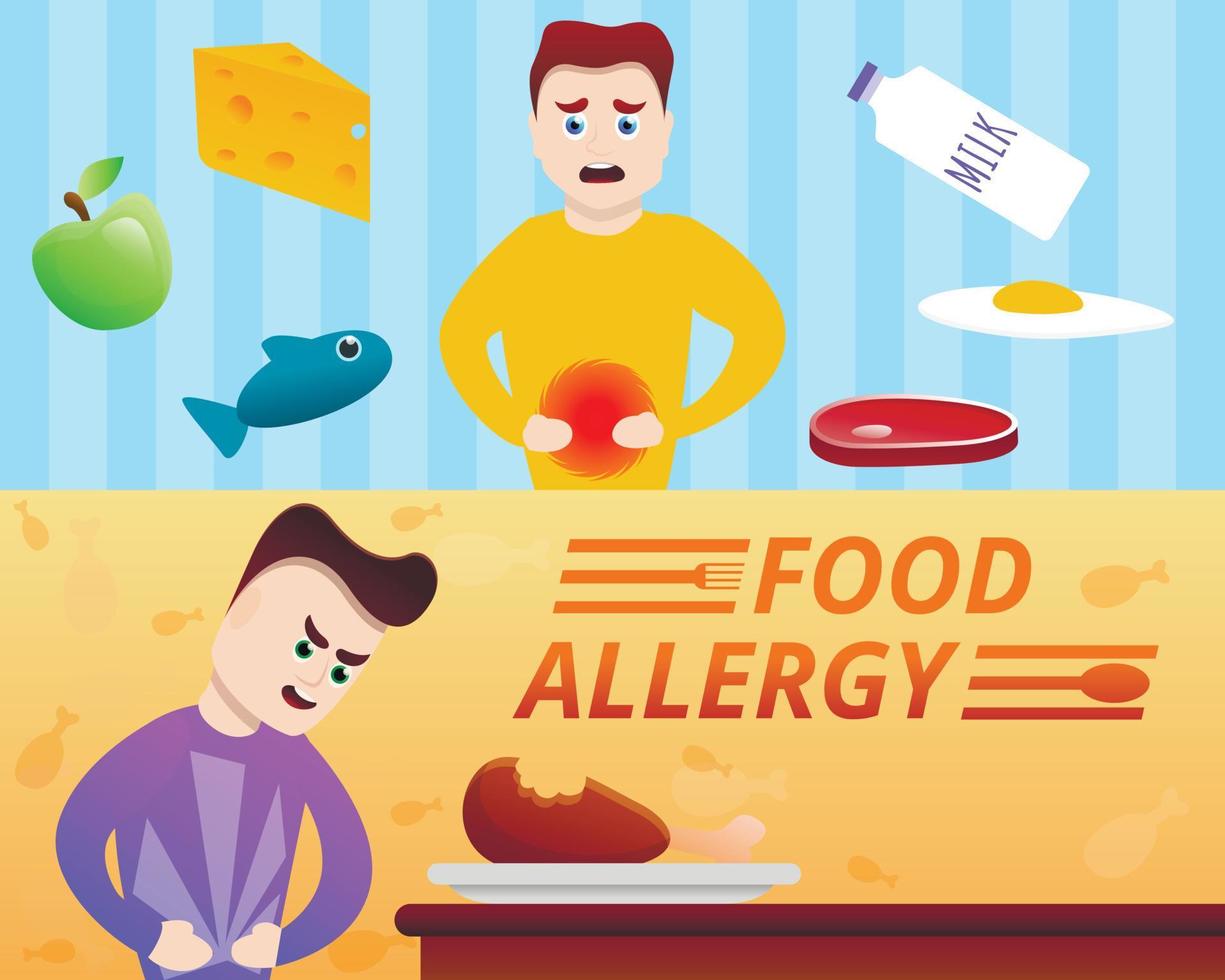 conjunto de banners de alergia alimentaria, estilo de dibujos animados vector