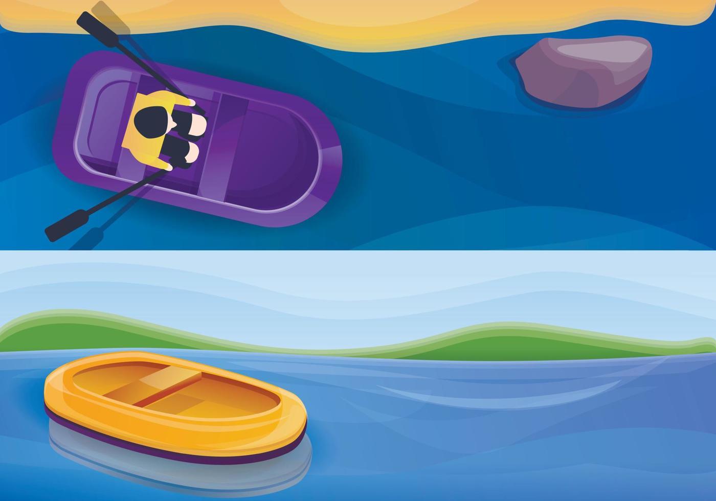 Rubber inflatable boat banner set, cartoon style vector