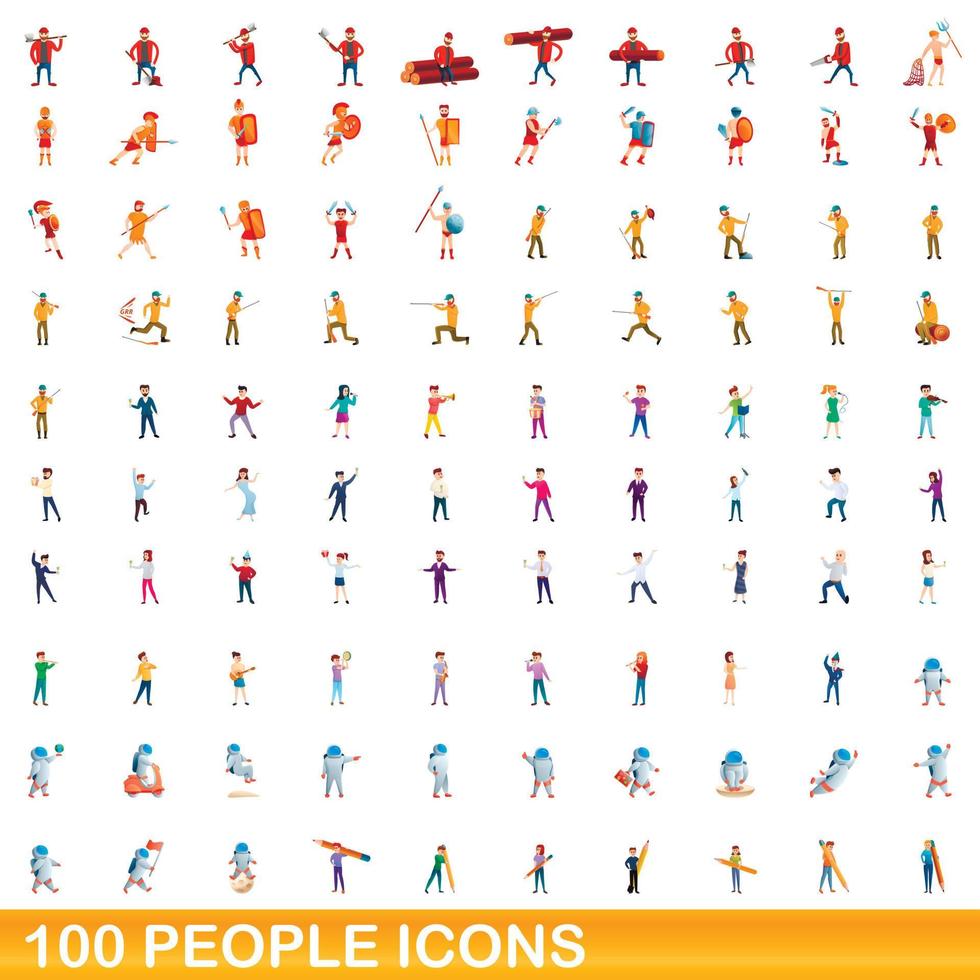 100 personas, conjunto de iconos de estilo de dibujos animados vector