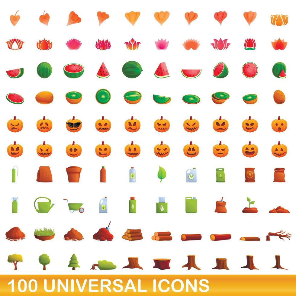 100 universal icons set, cartoon style vector