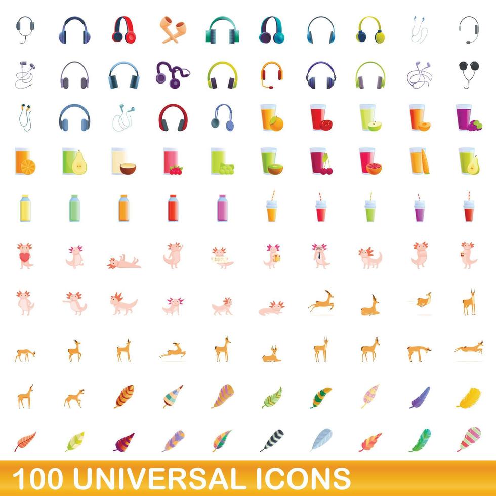 100 universal icons set, cartoon style vector