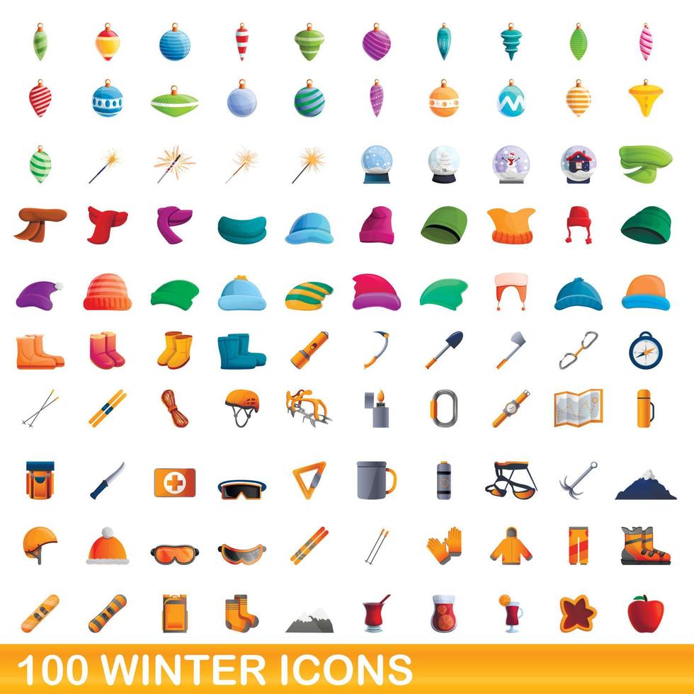 100 iconos de invierno, estilo de dibujos animados vector