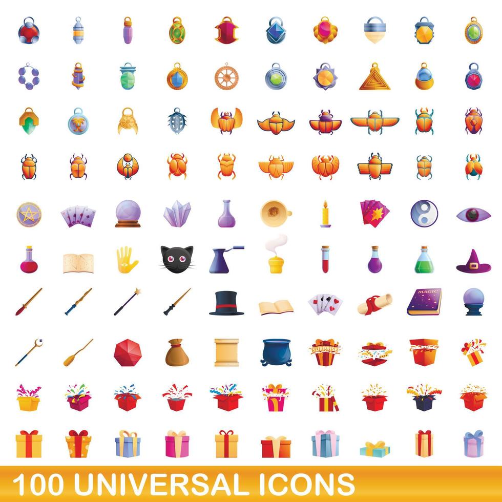 100 iconos universales, estilo de dibujos animados vector