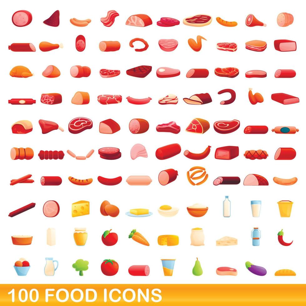 100 food icons set, cartoon style vector