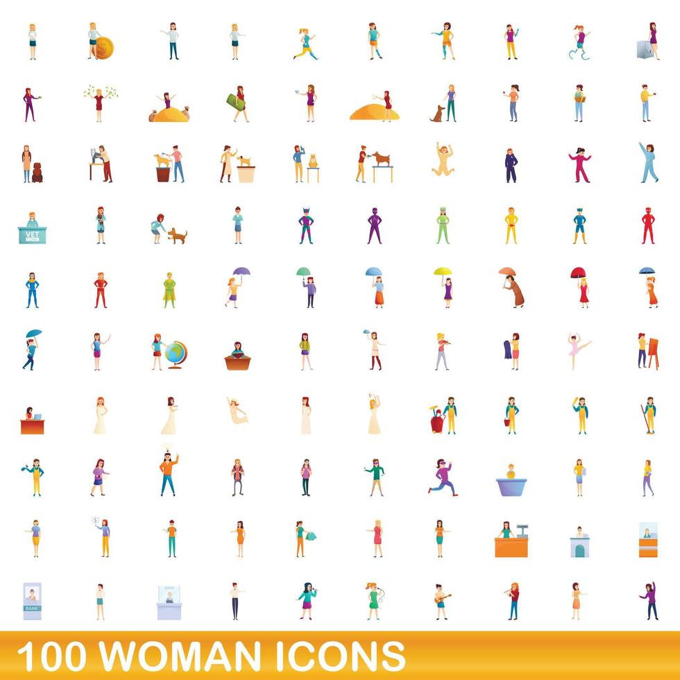 100 mujer, conjunto de iconos de estilo de dibujos animados vector