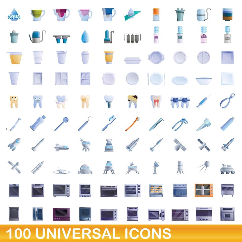 100 universal icons set, cartoon style vector