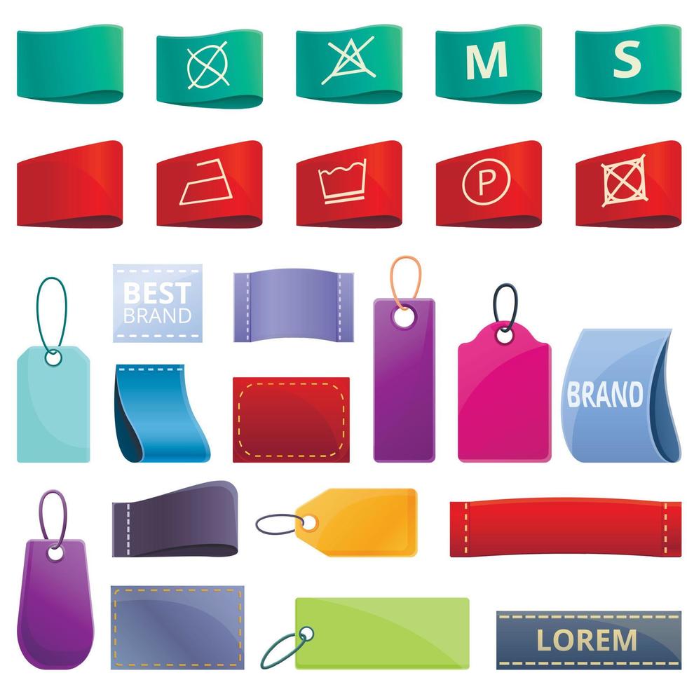 Cloth label icons set, cartoon style vector