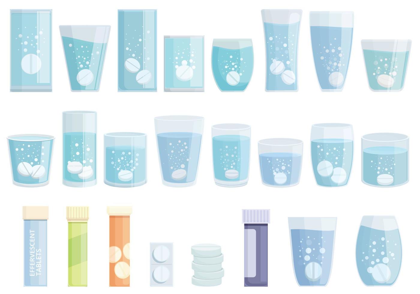 Effervescent tablets icons set cartoon vector. Water pill vector