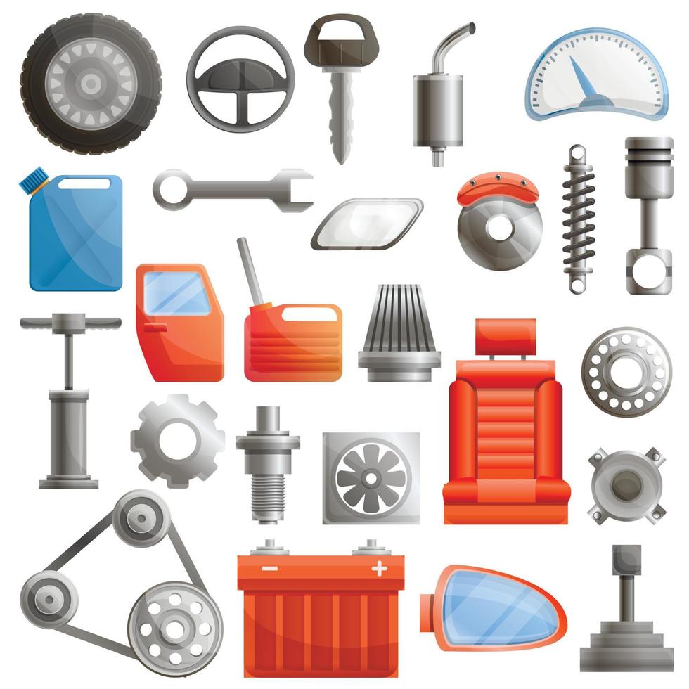 Car parts icons set, cartoon style vector