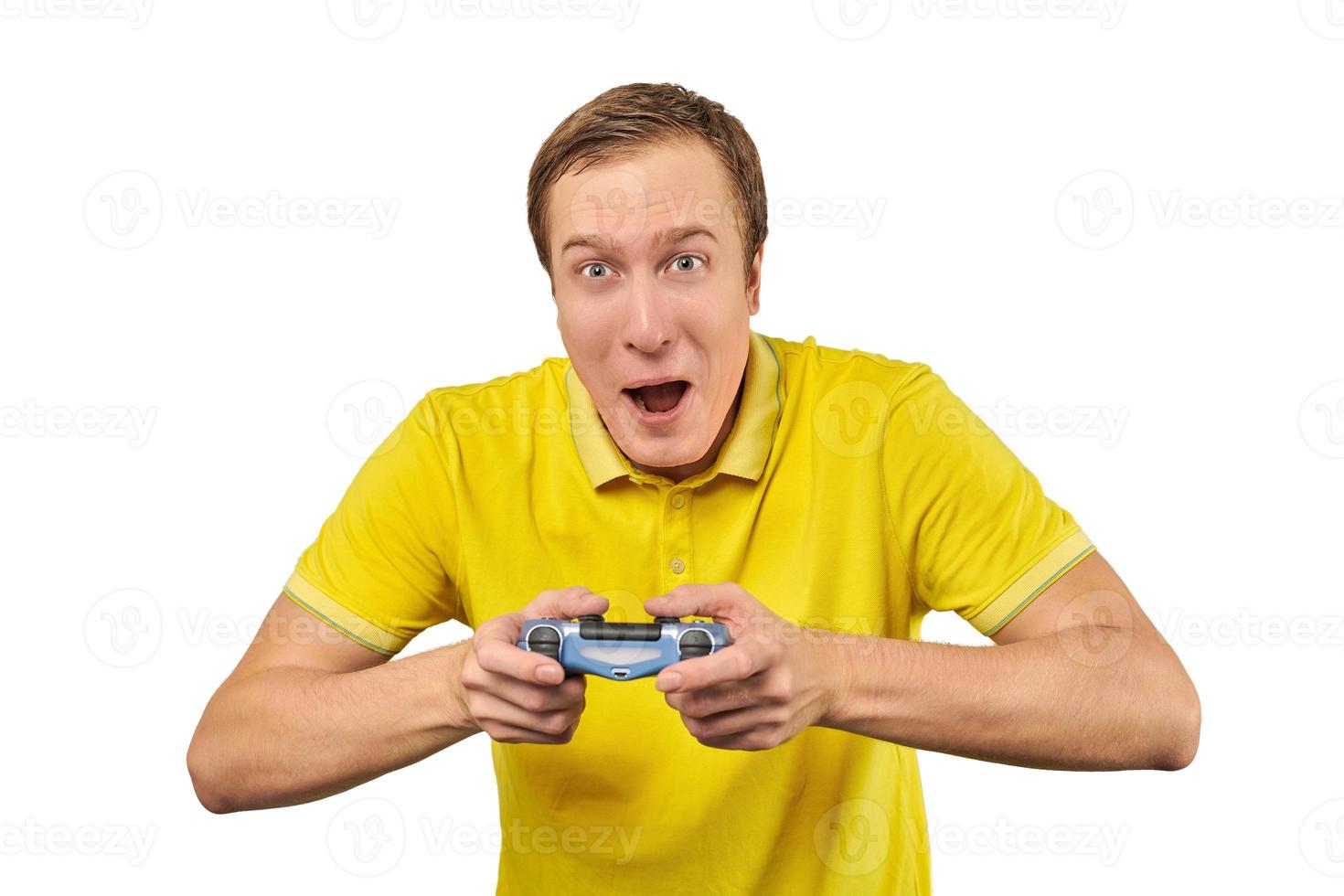 Funny gamer with gamepad, excited video game player concept isolated on white background photo