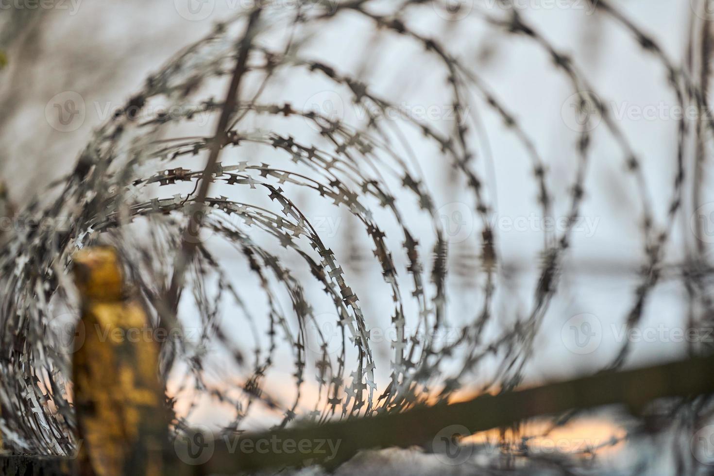 Barbed wire on fence of restricted area photo