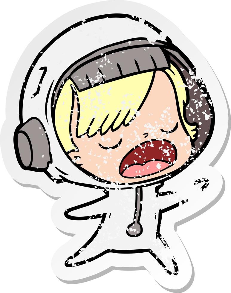 pegatina angustiada de una mujer astronauta parlante de dibujos animados vector