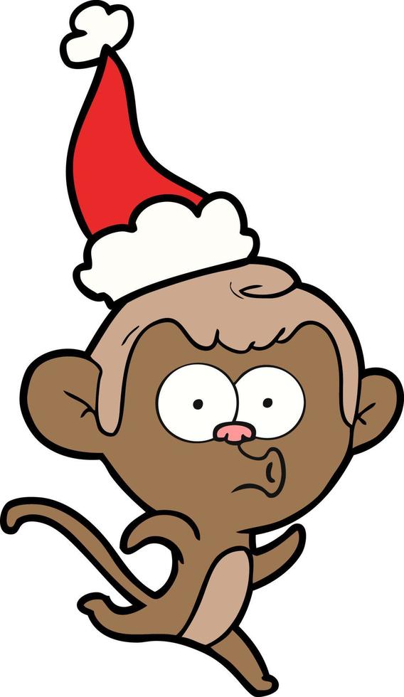 line drawing of a surprised monkey wearing santa hat vector