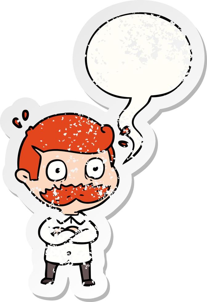 cartoon man and mustache shocked and speech bubble distressed sticker vector