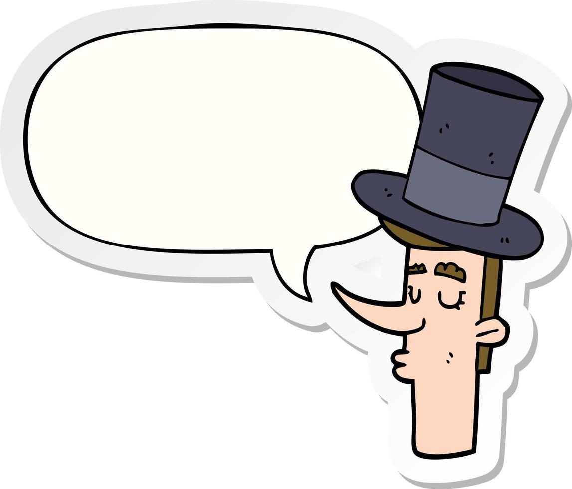 caricatura, hombre, llevando, sombrero de copa, y, discurso, burbuja, pegatina vector