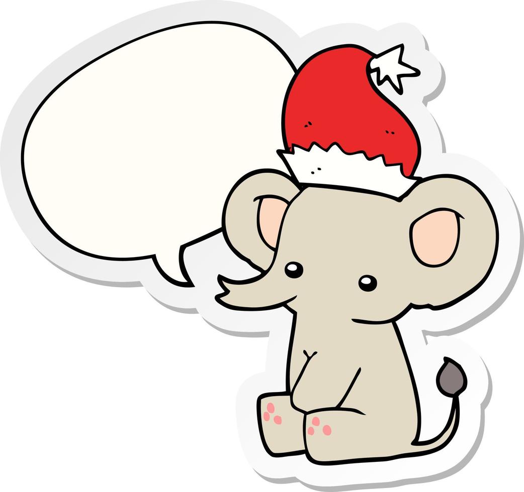 lindo elefante navideño y etiqueta engomada de la burbuja del discurso vector