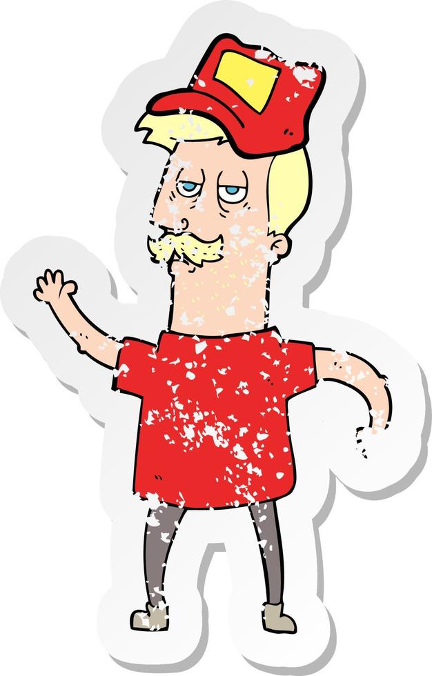 retro distressed sticker of a cartoon bored mechanic vector