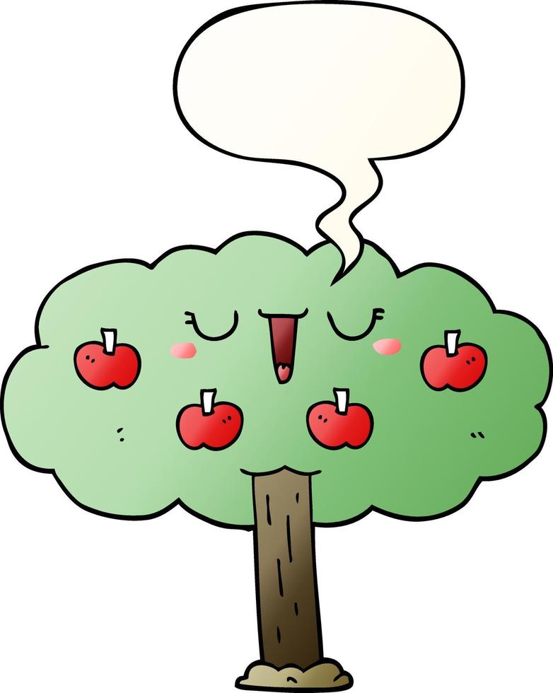 árbol de manzana de dibujos animados y burbuja de habla en estilo degradado suave vector