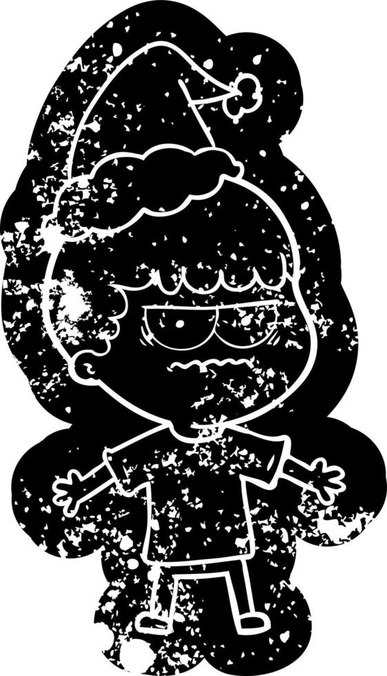 cartoon distressed icon of a angry man wearing santa hat vector